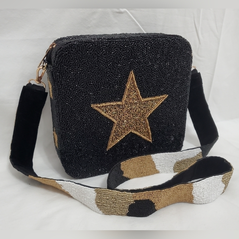 Black and Gold Star Beaded Crossbody Bag